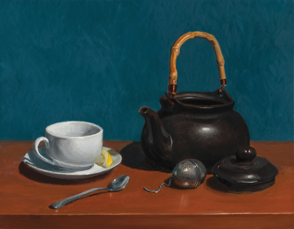 Still life painting of tea pot with cup, saucer, and tea fob by Karen Kappe Nugent